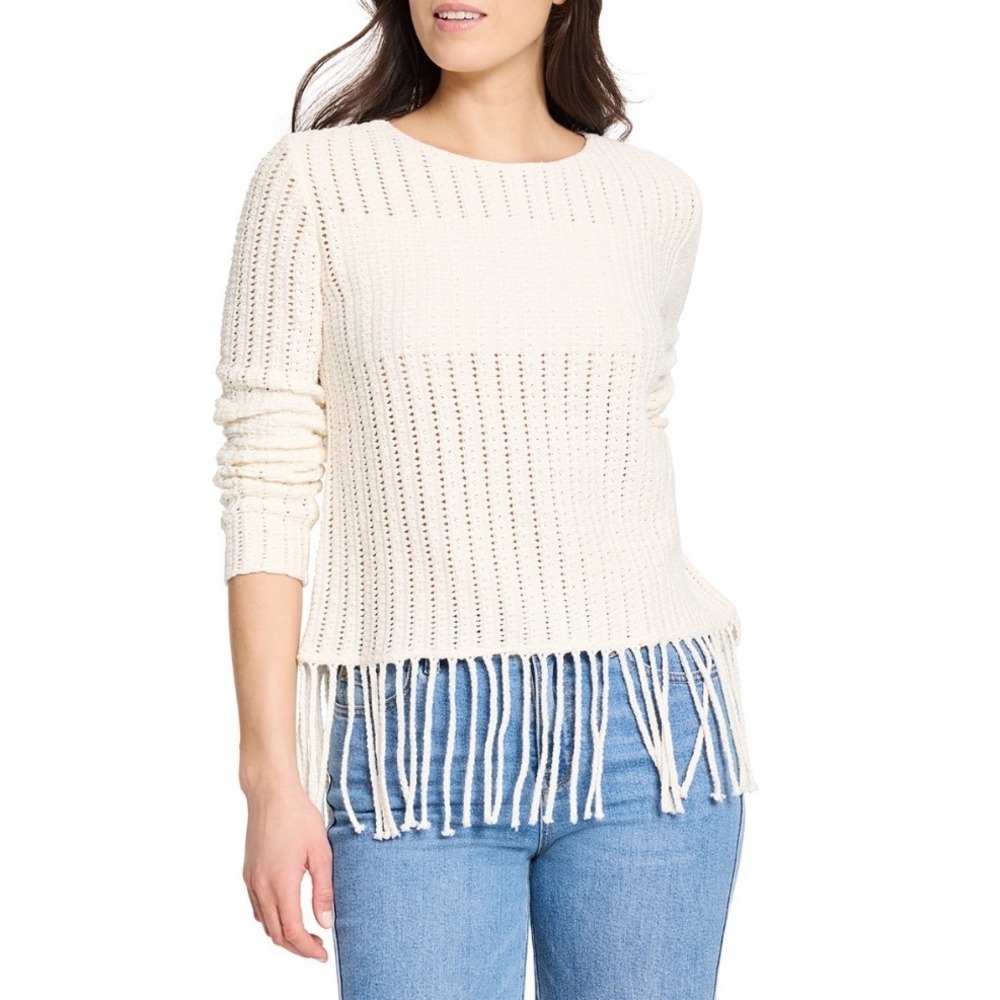 NIC+ZOE Beach Walk Sweater Classic Cream Fringe Open Knit S251159 MEDIUM